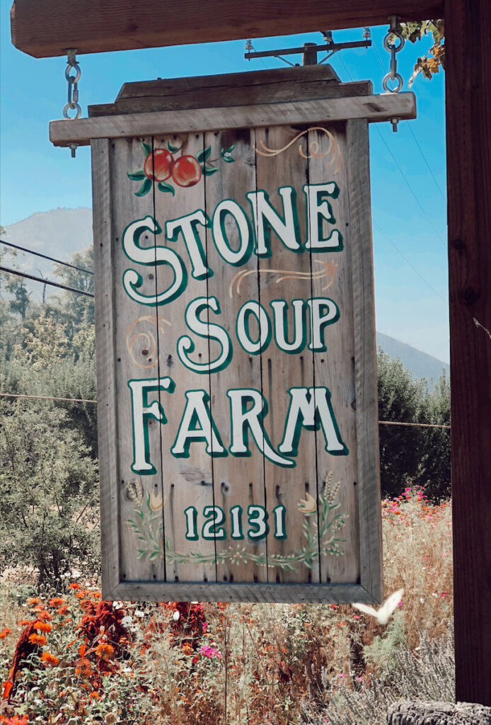 Sign for Stone Soup Farm in Oak Glen, California