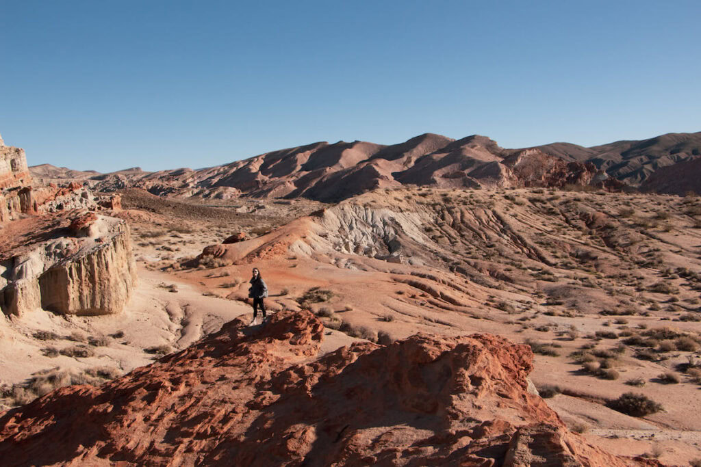 Woman standing on rock formation in front of sweeping desert vista at Red Rock Canyon State Park, California