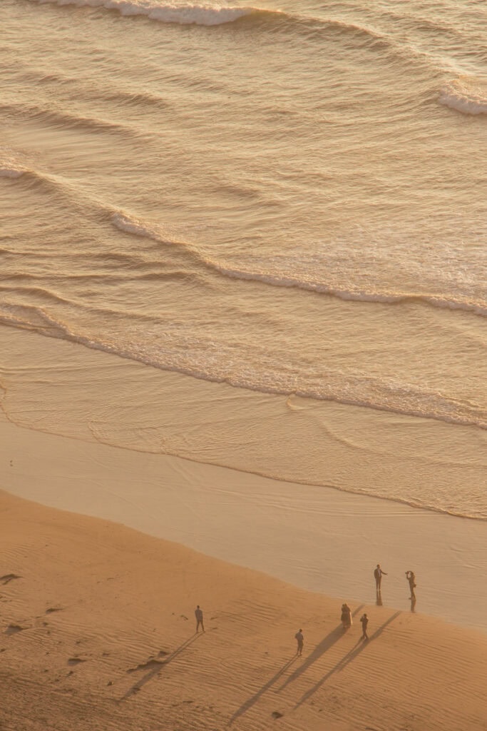 Shot from above of people standing on the beach near the water