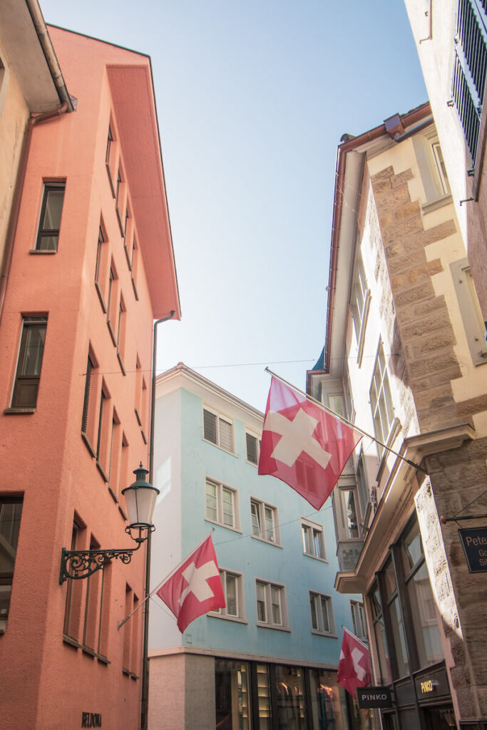 Zurich Streets with Swiss Flags