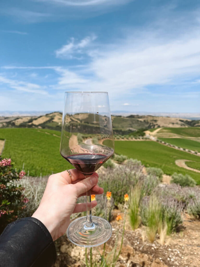 Wine Glass in Front of View of Vineyards from Daou