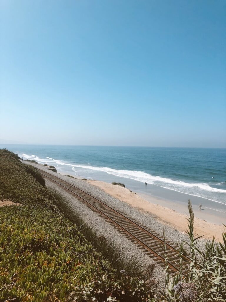 Train tracks paralleling the ocean in Del Mar, CA