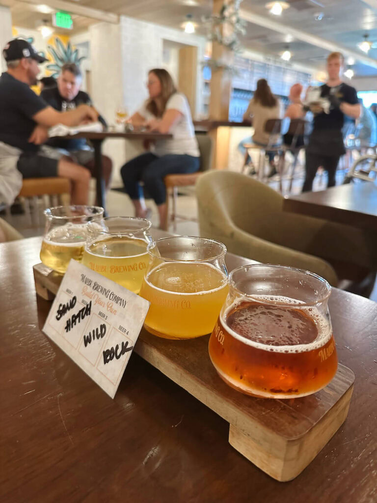 A beer flight with four different tasters of beer at Malibu Brewing Company