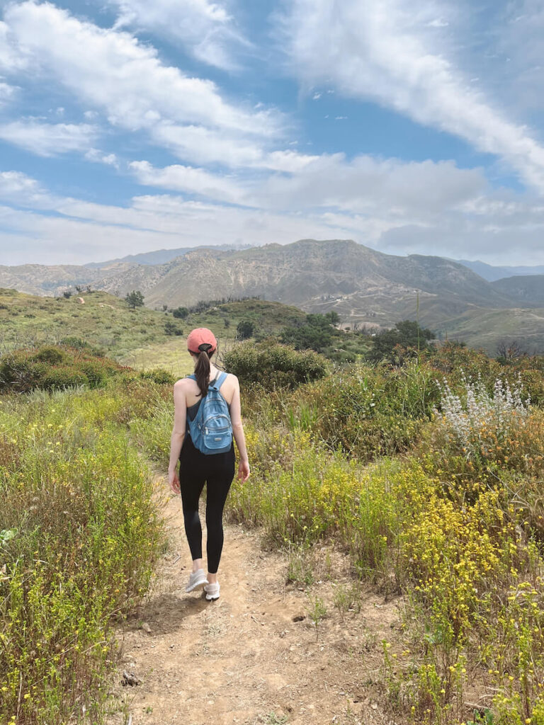 Woman walking along a trail, with green brush and yellow wildflowers on either side, with mountains in the background