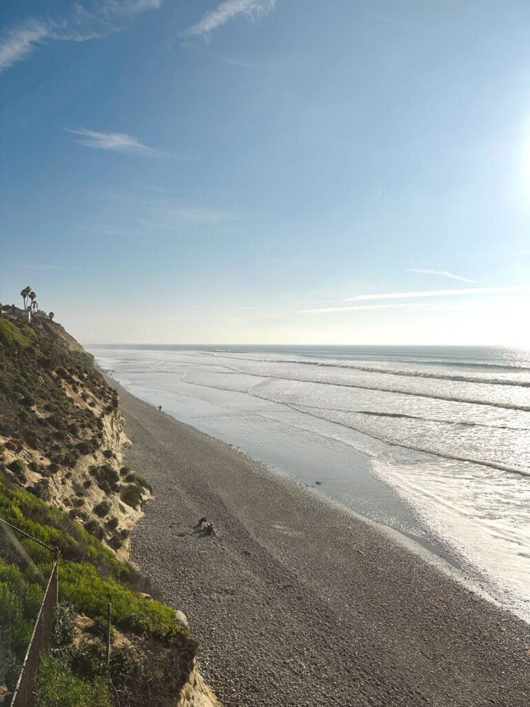 A view of the coastline and the coast bluffs from above at a viewpoint in Encinitas.