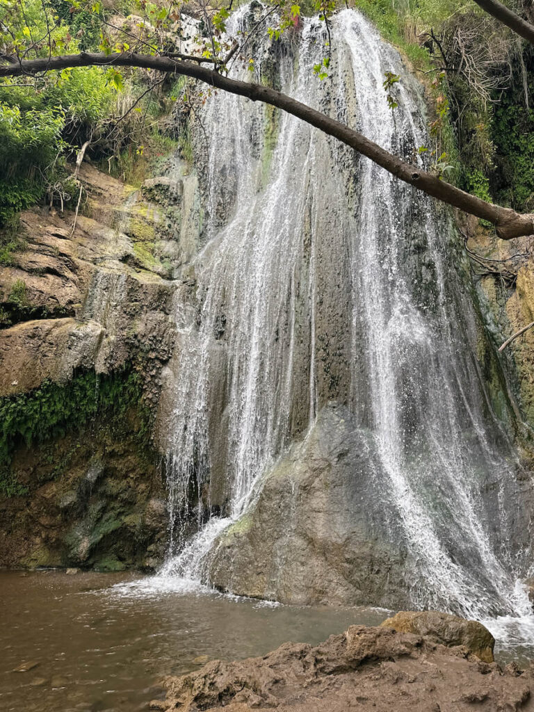 A waterfall (called Escondido Falls) plunging into a shallow pool of water. The surrounding rocks are covered in moss.