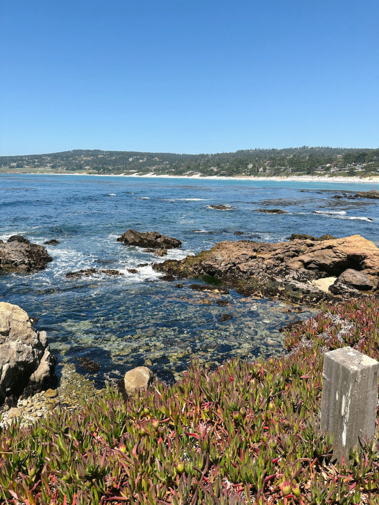 Waves rolling in on the rocky coast on a sunny day in Carmel