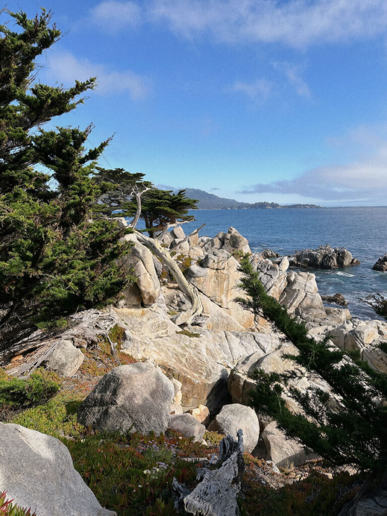 Smooth boulders on top of a coastal cliff, with the view of the water in the background