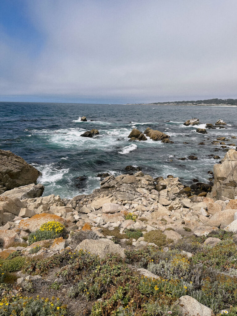 Rocks in the foreground, and the ocean in the background. There are a variety of rocks and boulders of various sizes in the water.