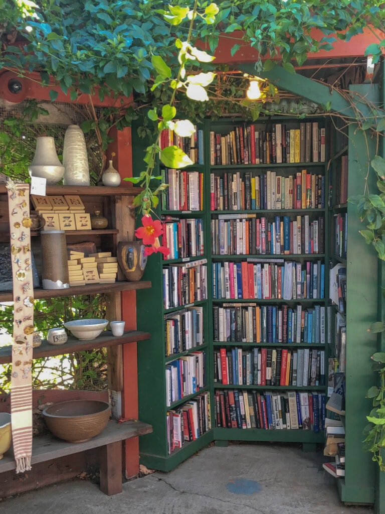 A green bookshelf with vining plants hanging off of it at Barts Books