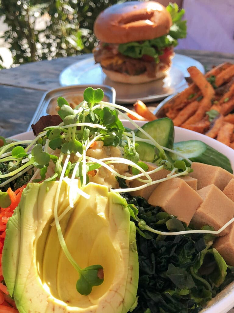 A tofu bowl, a burger, and french fries on the table at Hip Vegan