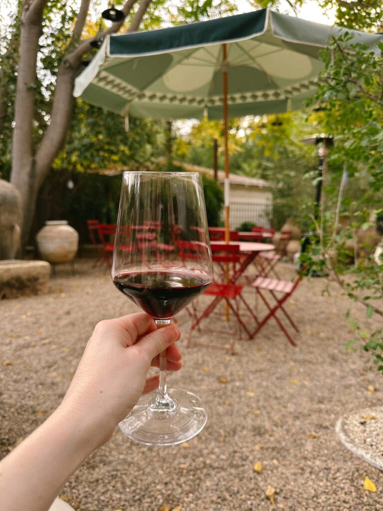 A handing holding a glass of red wine in front of a garden, where there is a red table with red chairs around it. 