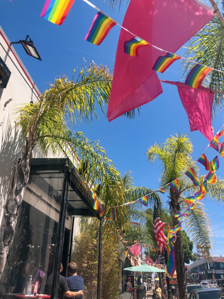 Pink and pride flags suspended above the sidewalk outside a store in Hillcrest