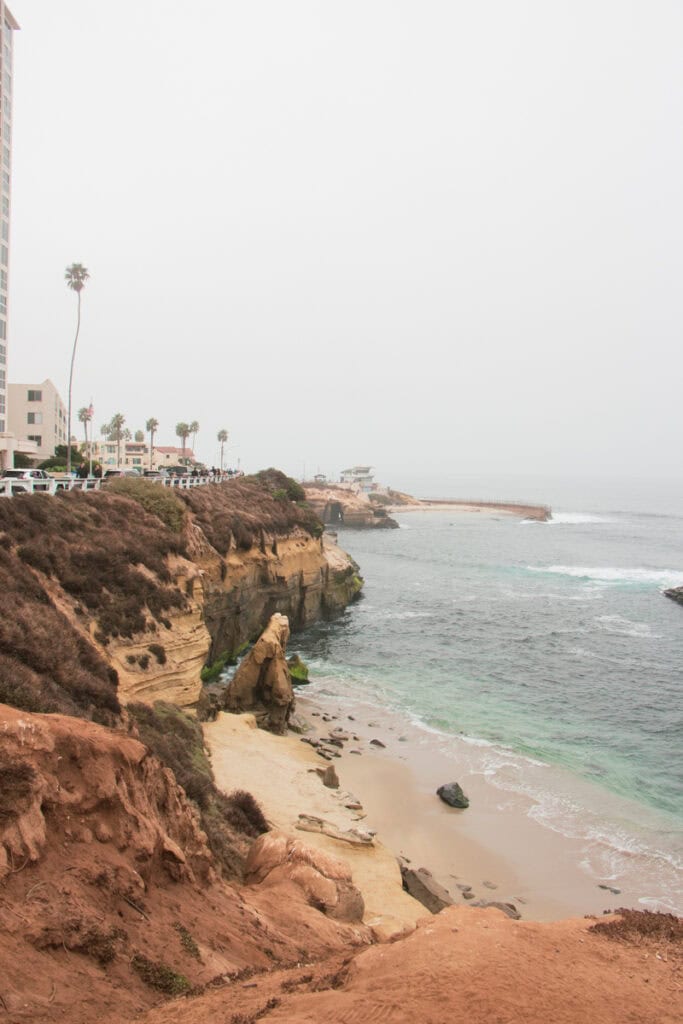 View of the coastline on a foggy day in La Jolla