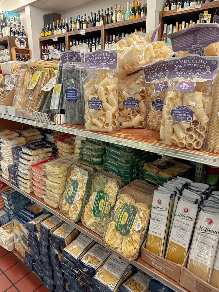 Pasta on a shelf at Mona Lisa Foods in Little Italy