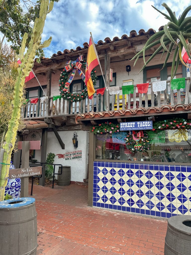 A storefront in Old Town with colorful tiling and plants in front. 