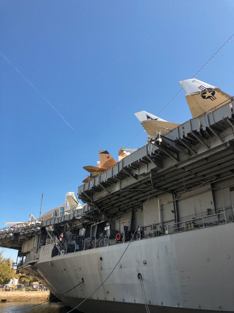 A look up at the USS Midway from the Embarcadero