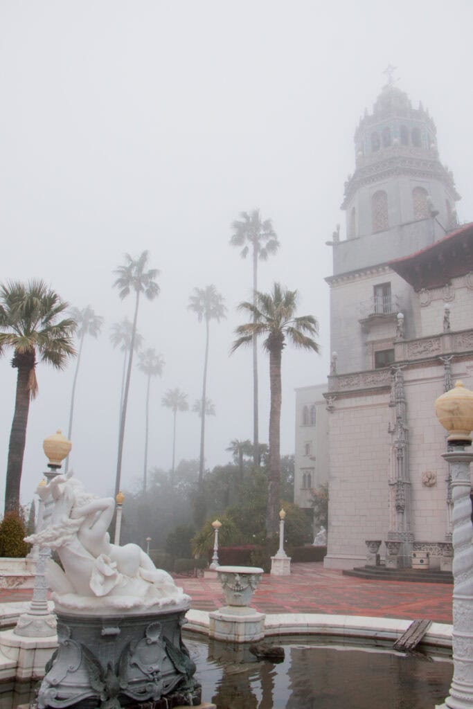 Dense fog covering the exterior of Hearst Castle and a variety of palm trees