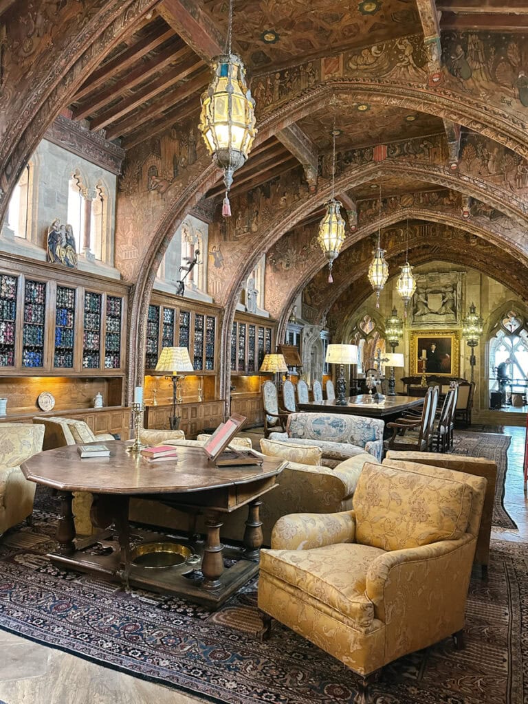 A library in Hearst Castle featuring arched ceilings