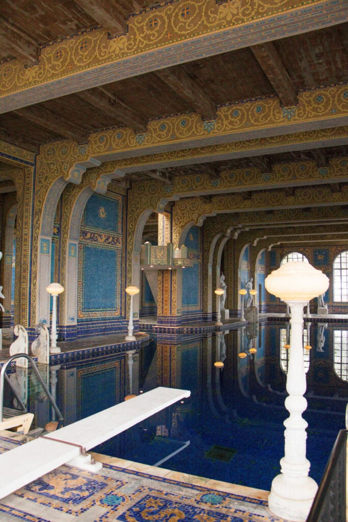 The indoor pool at Hearst Castle, which is detailed with intricate gold and blue tiling