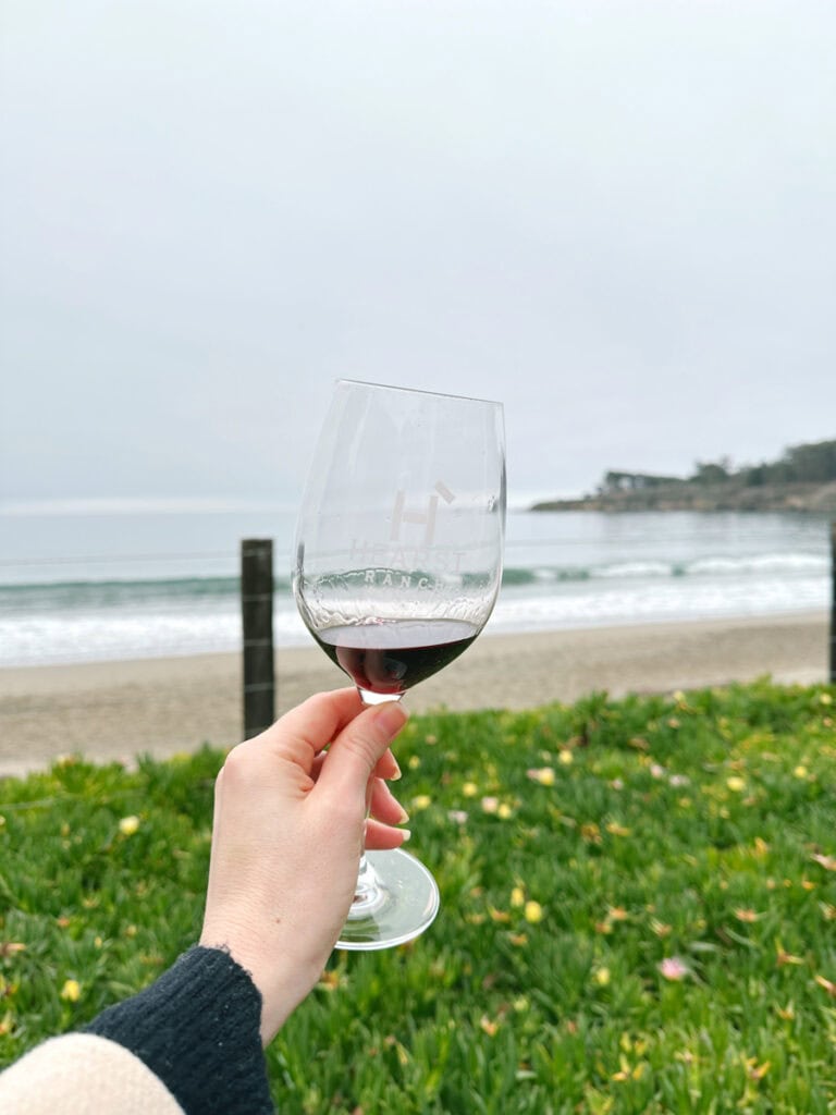 A hand holding a Hearst Ranch Winery glass filled with red wine in front of the ocean