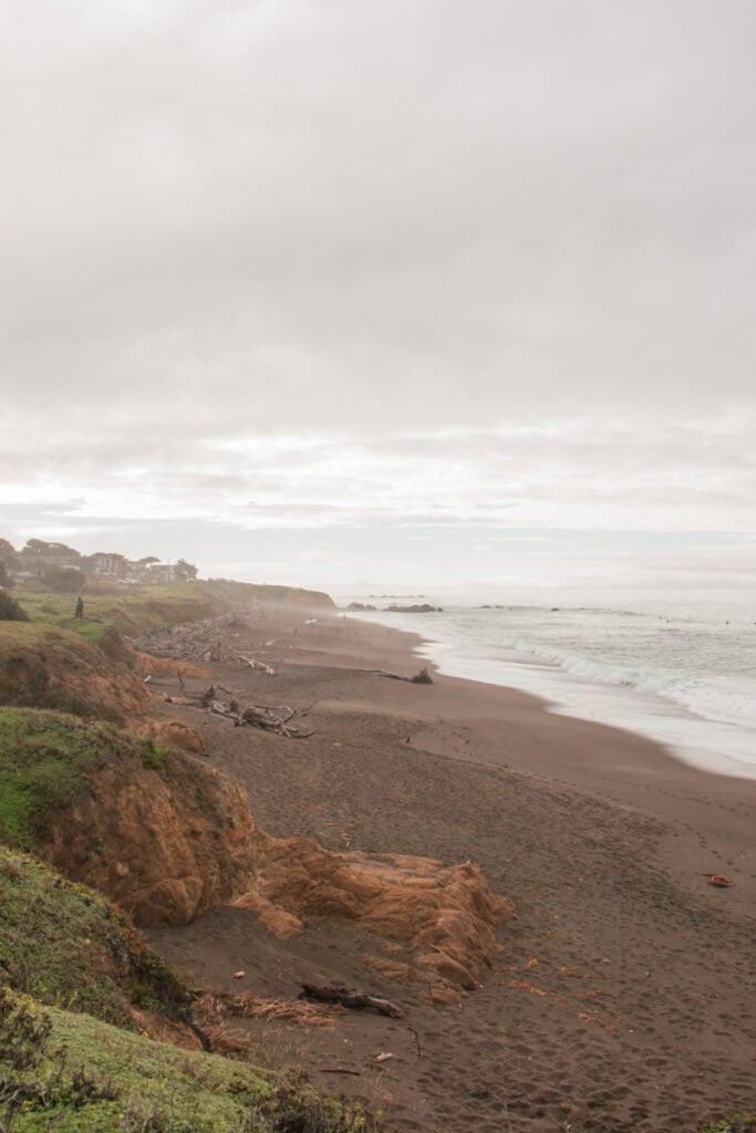 A view of the coastline at Moonstone Beach on a foggy day