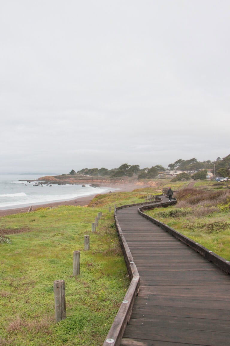 The boardwalk at Moonstone Beach on a foggy day