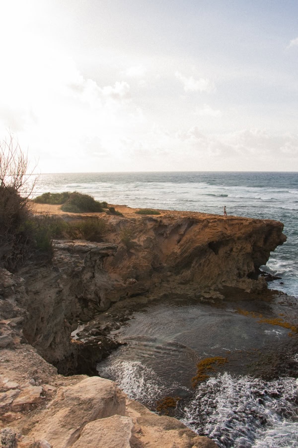 A coastal bluff surrounding a cove along a hiking trail