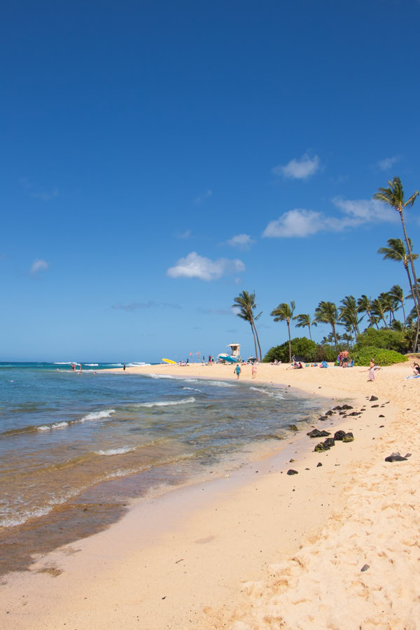 Gentle waves crashing onto the palm tree-lined Poipu Beach