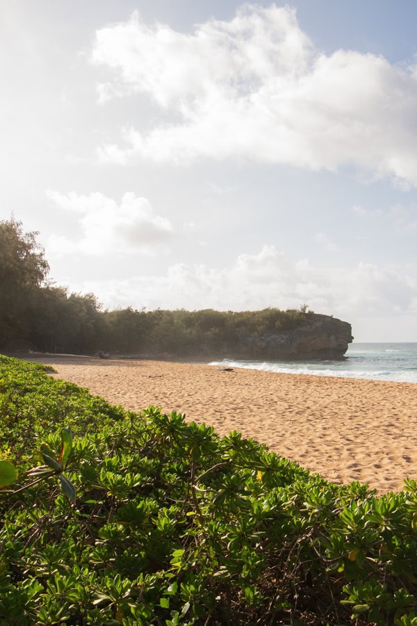 The coastal bluff on Shipwreck Beach in the background, and the empty sands of the beach in the foreground