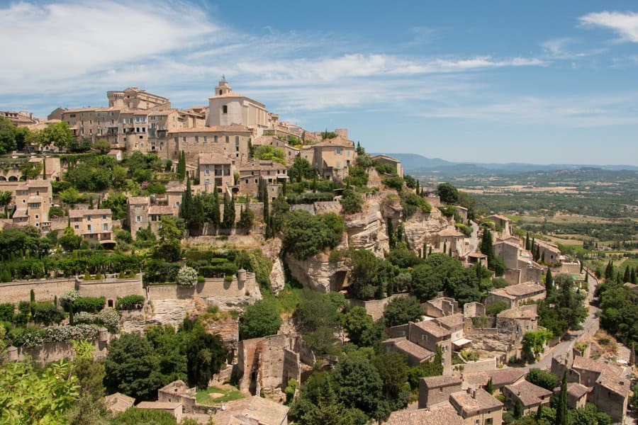 The view of the town of Gordes on the hilltop from a viewpoint just outside of town