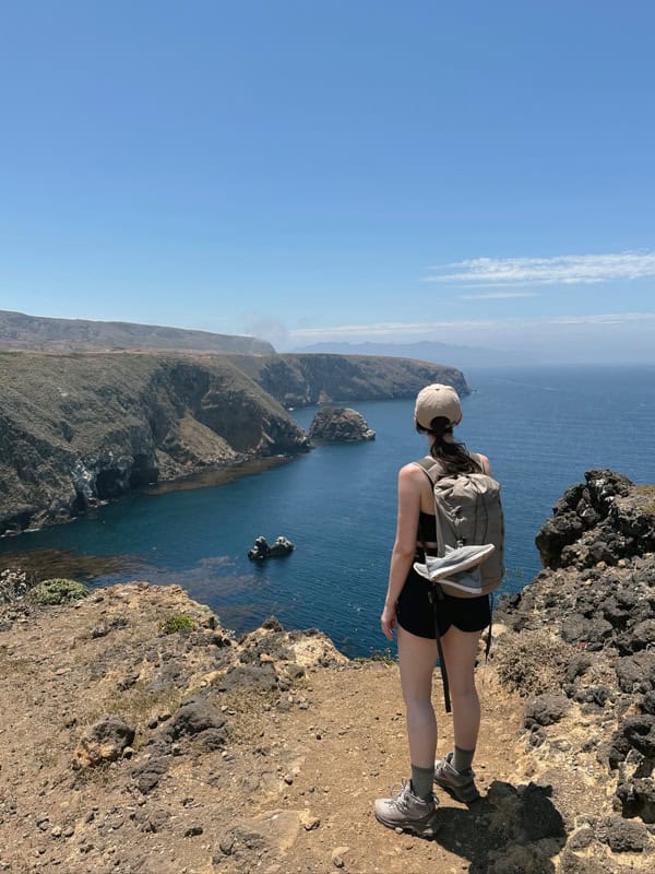 A woman standing looking out at the coastal cliffs from the Cavern Point Hike