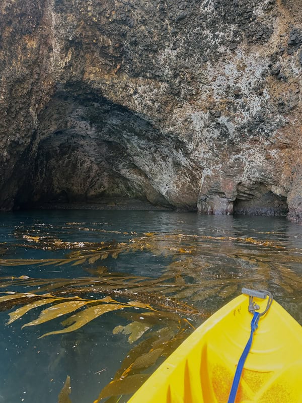View from a yellow kayak going into a sea cave on Santa Cruz Island