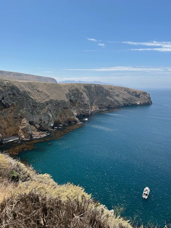 A view of the coast from the Potato Harbor Trail. There is a white boat in the water