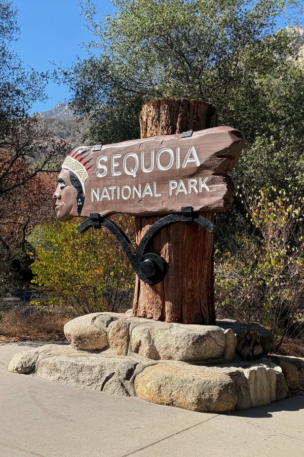 The wooden carved and painted sign for Sequoia National Park.