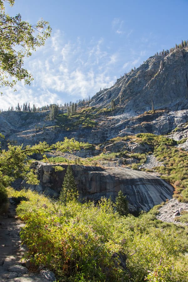A view of Tokopah Falls without water, at the end of the Tokopah Falls Trail.